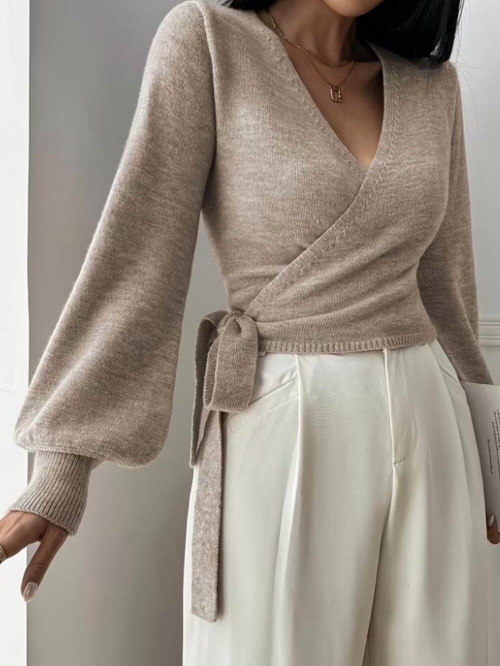 Women'S Fashion Apparel, Elegant Tie-Waist Long-Sleeved Pullover Sweater